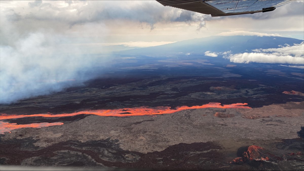 MaunaLoa is erupting from vents on the Northeast Rift zone. Flows are moving downslope to the north. USGS Photos from Civil Air Patrol fight. 