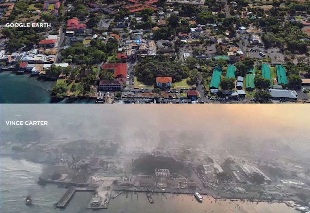 Aerial views show the total devastation to Lahaina in Maui, which was a major tourist destination, following the deadly fires