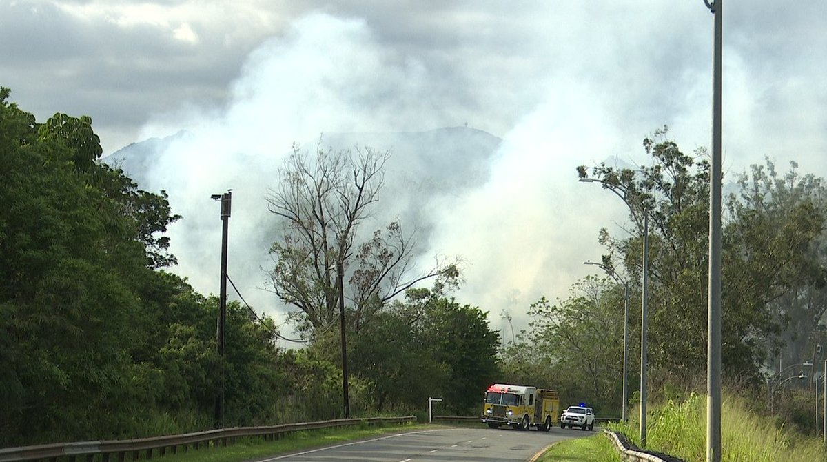 Firefighters are responding to a brush fire in Mililani where flames broke out near Kamehameha Highway